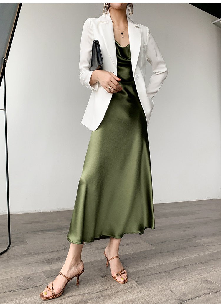 Multi Color Satin Cowl Neck Spaghetti Strap Bias Cut A - Line Midi Dress - EveningVerse - 20