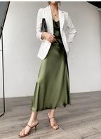 Multi Color Satin Cowl Neck Spaghetti Strap Bias Cut A - Line Midi Dress - EveningVerse - 20
