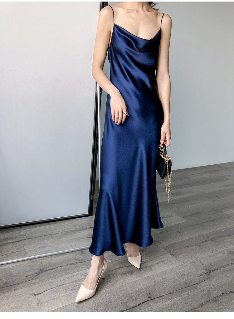 Multi Color Satin Cowl Neck Spaghetti Strap Bias Cut A - Line Midi Dress - EveningVerse - 19