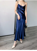 Multi Color Satin Cowl Neck Spaghetti Strap Bias Cut A - Line Midi Dress - EveningVerse - 19
