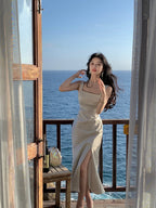 Multi Color Satin Square Neck Spaghetti Strap Side Slit Ruched Maxi Dress - EveningVerse - 8