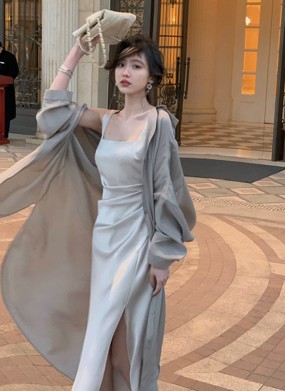 Multi Color Satin Square Neck Spaghetti Strap Side Slit Ruched Maxi Dress - EveningVerse - 12