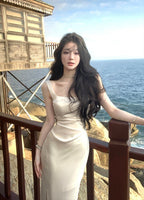 Multi Color Satin Square Neck Spaghetti Strap Side Slit Ruched Maxi Dress - EveningVerse - 2