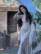 Multi Color Satin Square Neck Spaghetti Strap Side Slit Ruched Maxi Dress - EveningVerse - 6