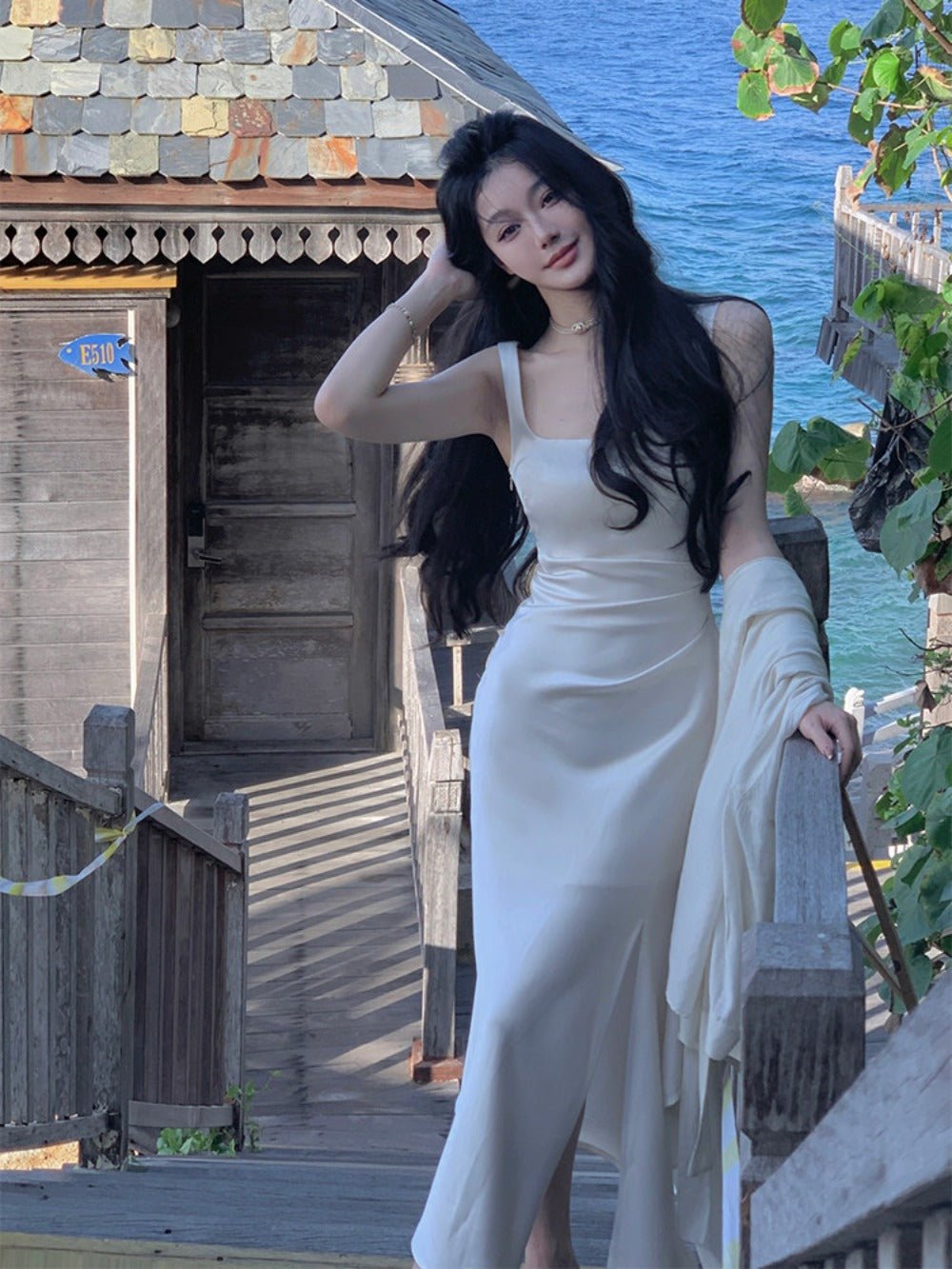 Multi Color Satin Square Neck Spaghetti Strap Side Slit Ruched Maxi Dress - EveningVerse - 6