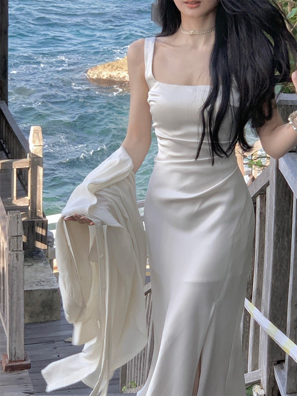 Multi Color Satin Square Neck Spaghetti Strap Side Slit Ruched Maxi Dress - EveningVerse - 7