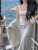 Multi Color Satin Square Neck Spaghetti Strap Side Slit Ruched Maxi Dress - EveningVerse - 7