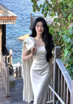Multi Color Satin Square Neck Spaghetti Strap Side Slit Ruched Maxi Dress - EveningVerse - 1