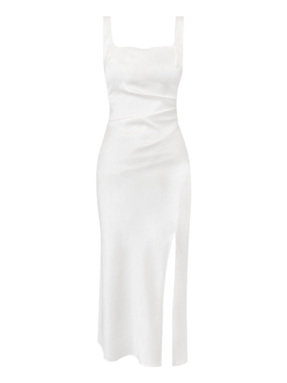 Multi Color Satin Square Neck Spaghetti Strap Side Slit Ruched Maxi Dress - EveningVerse - 10