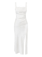 Multi Color Satin Square Neck Spaghetti Strap Side Slit Ruched Maxi Dress - EveningVerse - 10