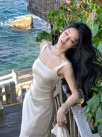 Multi Color Satin Square Neck Spaghetti Strap Side Slit Ruched Maxi Dress - EveningVerse - 3