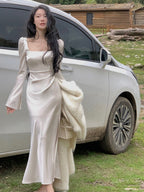 Multi Color Satin Square Neck Spaghetti Strap Side Slit Ruched Maxi Dress - EveningVerse - 9