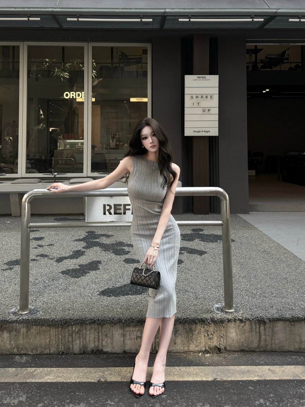 Multi Color Sleeveless Ribbed Knit Bodycon Midi Dress - EveningVerse - 3