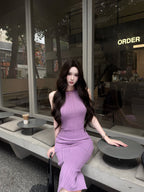 Multi Color Sleeveless Ribbed Knit Bodycon Midi Dress - EveningVerse - 12