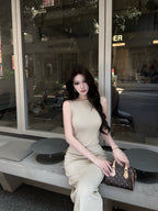 Multi Color Sleeveless Ribbed Knit Bodycon Midi Dress - EveningVerse - 10