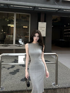 Multi Color Sleeveless Ribbed Knit Bodycon Midi Dress - EveningVerse - 11
