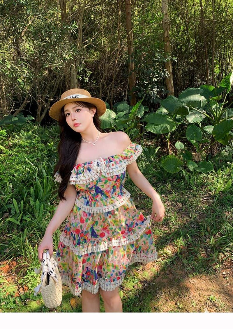 Off Shoulder Floral Ruffle High Waist A - line Dress - EveningVerse - 1