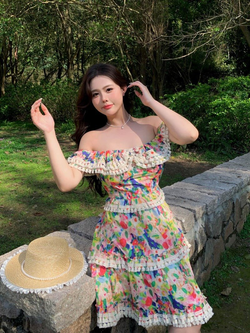 Off Shoulder Floral Ruffle High Waist A - line Dress - EveningVerse - 12