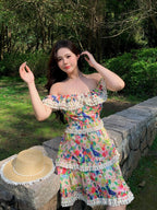 Off Shoulder Floral Ruffle High Waist A - line Dress - EveningVerse - 12