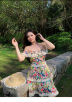 Off Shoulder Floral Ruffle High Waist A - line Dress - EveningVerse - 9
