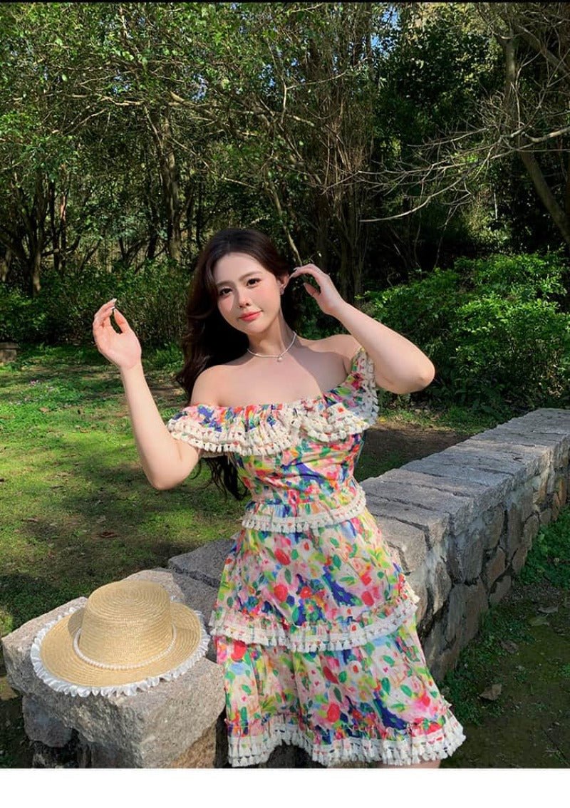 Off Shoulder Floral Ruffle High Waist A - line Dress - EveningVerse - 9