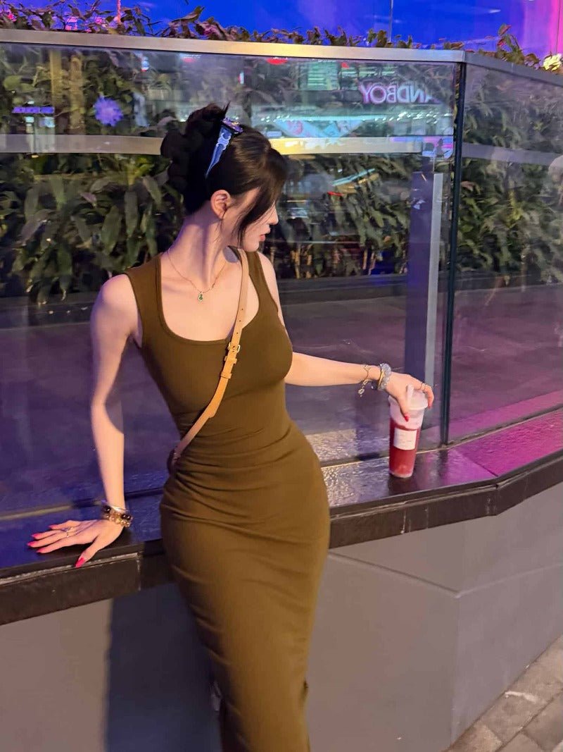 Olive Green Wide Strap Bodycon Midi Dress - EveningVerse - 6