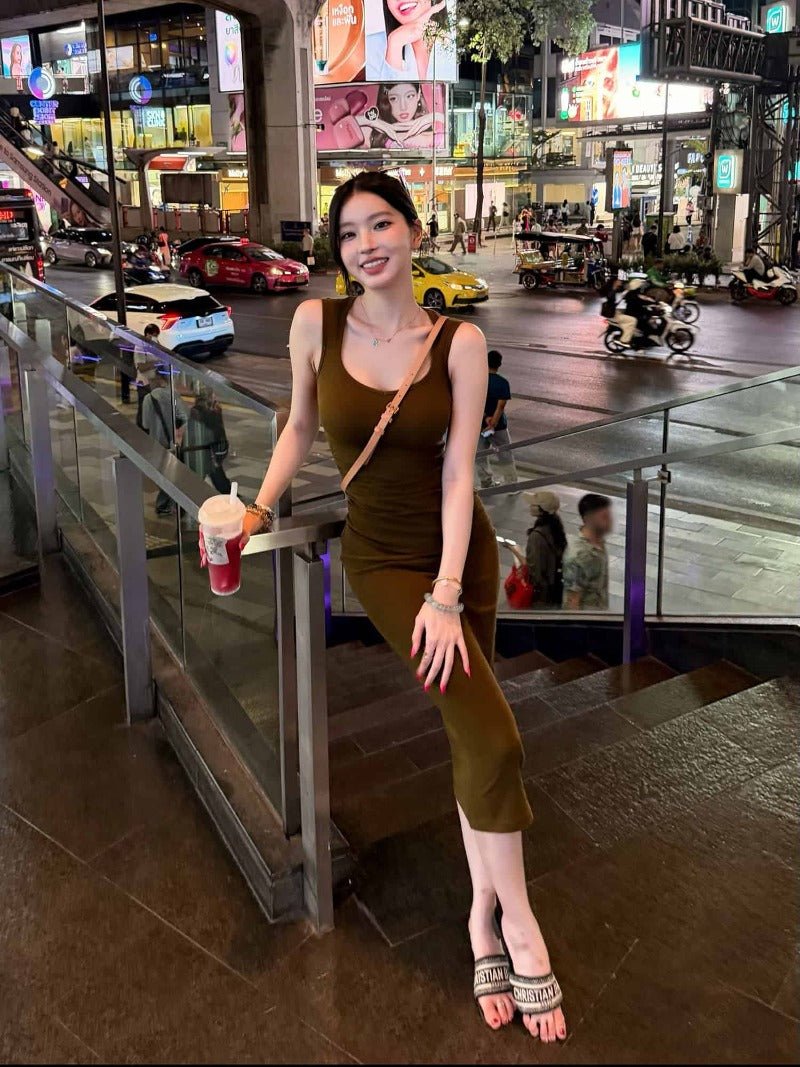 Olive Green Wide Strap Bodycon Midi Dress - EveningVerse - 7
