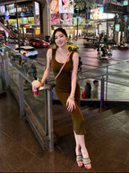 Olive Green Wide Strap Bodycon Midi Dress - EveningVerse - 7