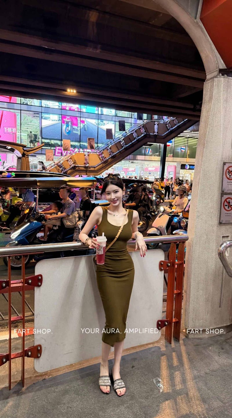 Olive Green Wide Strap Bodycon Midi Dress - EveningVerse - 1 Main image