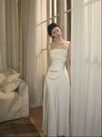 Pearl White/Champagne Gold Satin Square Neck Ruched Maxi Dress - EveningVerse - 7