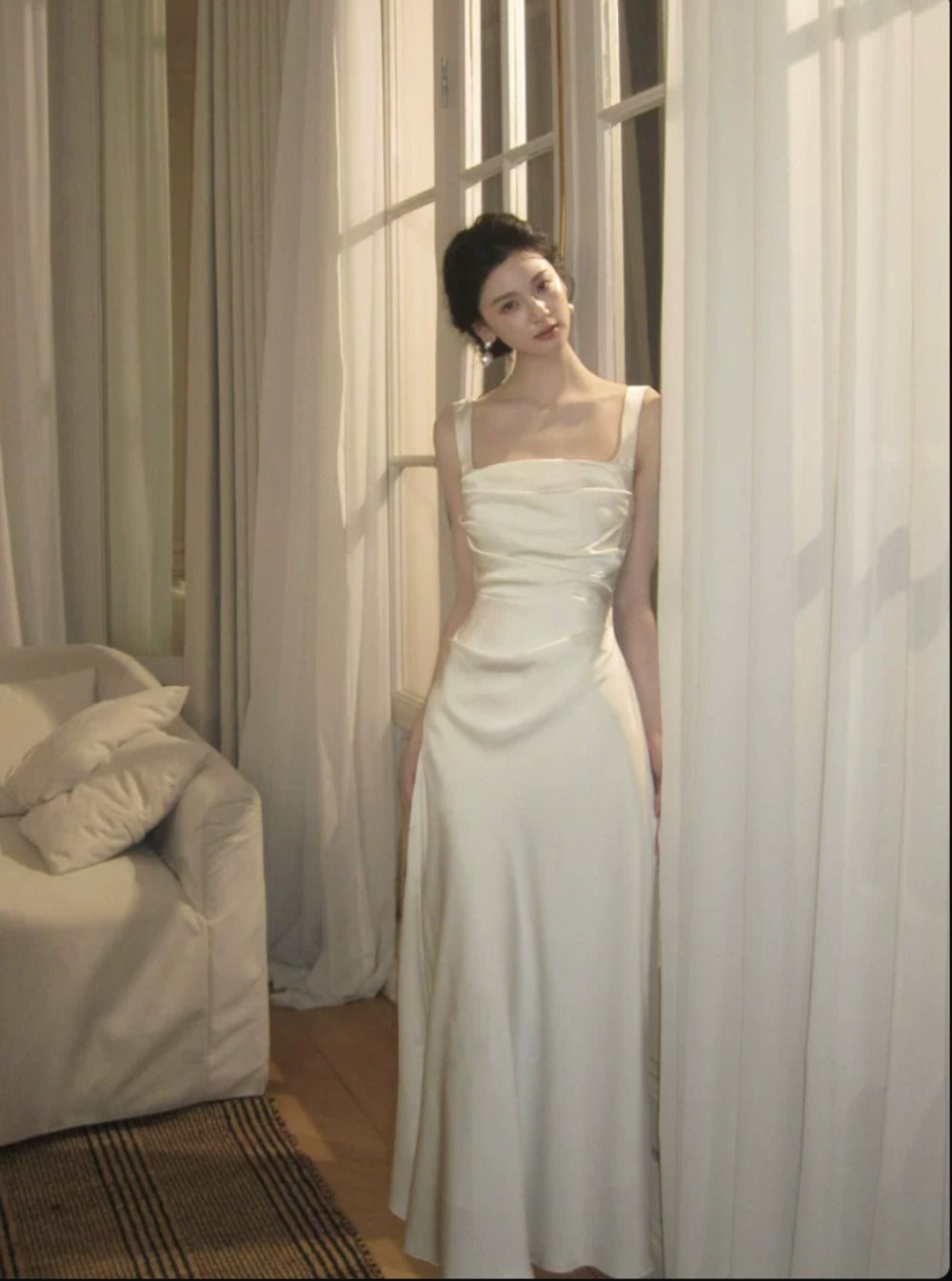 Pearl White/Champagne Gold Satin Square Neck Ruched Maxi Dress - EveningVerse - 7