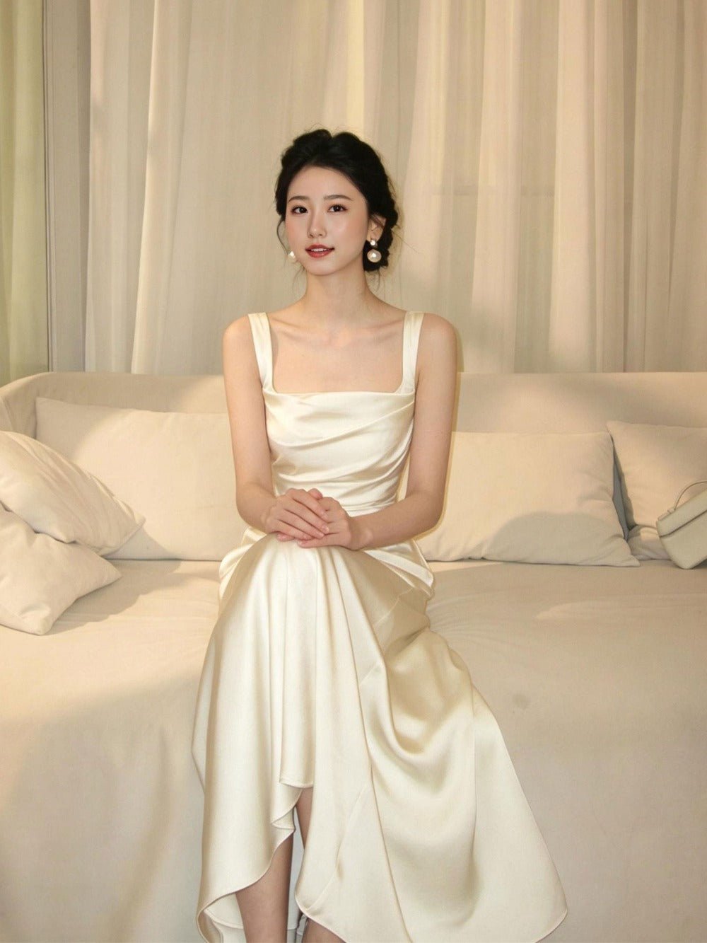 Pearl White/Champagne Gold Satin Square Neck Ruched Maxi Dress - EveningVerse - 5