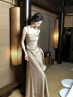 Pearl White/Champagne Gold Satin Square Neck Ruched Maxi Dress - EveningVerse - 6