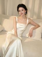 Pearl White/Champagne Gold Satin Square Neck Ruched Maxi Dress - EveningVerse - 1