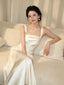 Pearl White/Champagne Gold Satin Square Neck Ruched Maxi Dress - EveningVerse - 1