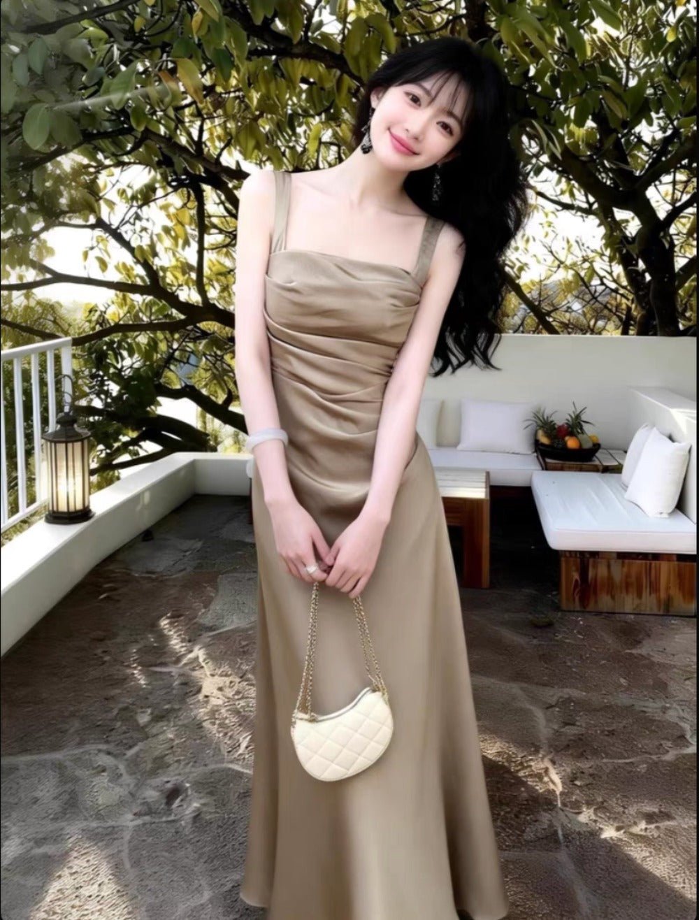 Pearl White/Champagne Gold Satin Square Neck Ruched Maxi Dress - EveningVerse - 9