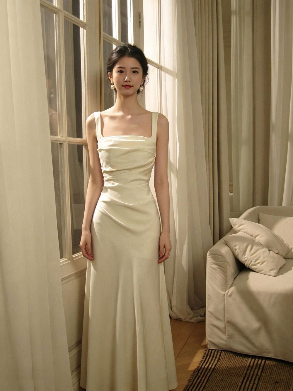 Pearl White/Champagne Gold Satin Square Neck Ruched Maxi Dress - EveningVerse - 3