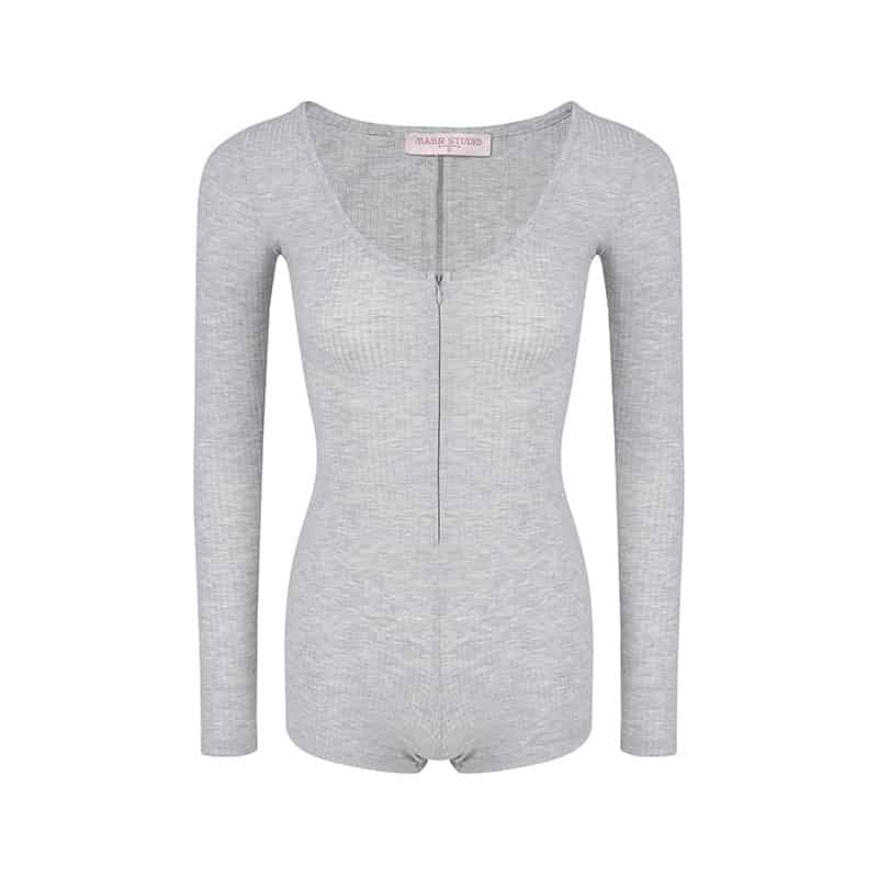 Pink/Grey/Khaki Ribbed Knit Round Neck Long Sleeve Rhinestone Bodysuit Top - EveningVerse - 11