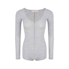 Pink/Grey/Khaki Ribbed Knit Round Neck Long Sleeve Rhinestone Bodysuit Top - EveningVerse - 11