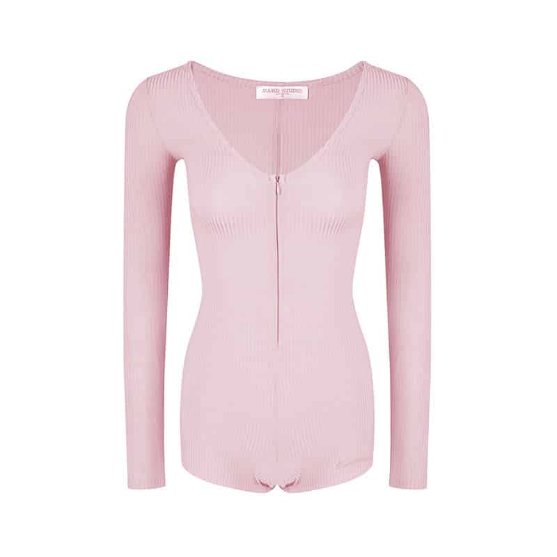 Pink/Grey/Khaki Ribbed Knit Round Neck Long Sleeve Rhinestone Bodysuit Top - EveningVerse - 10