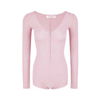 Pink/Grey/Khaki Ribbed Knit Round Neck Long Sleeve Rhinestone Bodysuit Top - EveningVerse - 10