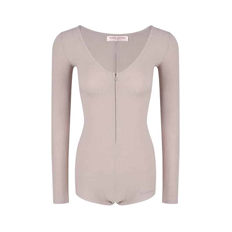 Pink/Grey/Khaki Ribbed Knit Round Neck Long Sleeve Rhinestone Bodysuit Top - EveningVerse - 12