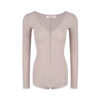 Pink/Grey/Khaki Ribbed Knit Round Neck Long Sleeve Rhinestone Bodysuit Top - EveningVerse - 12