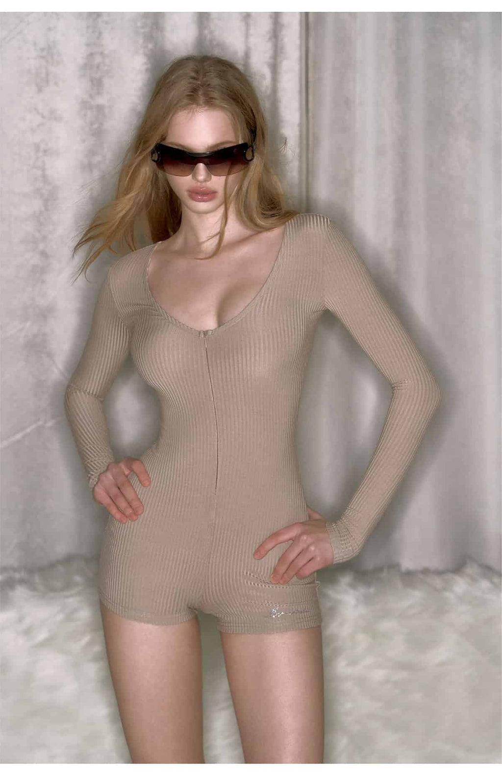 Pink/Grey/Khaki Ribbed Knit Round Neck Long Sleeve Rhinestone Bodysuit Top - EveningVerse - 3