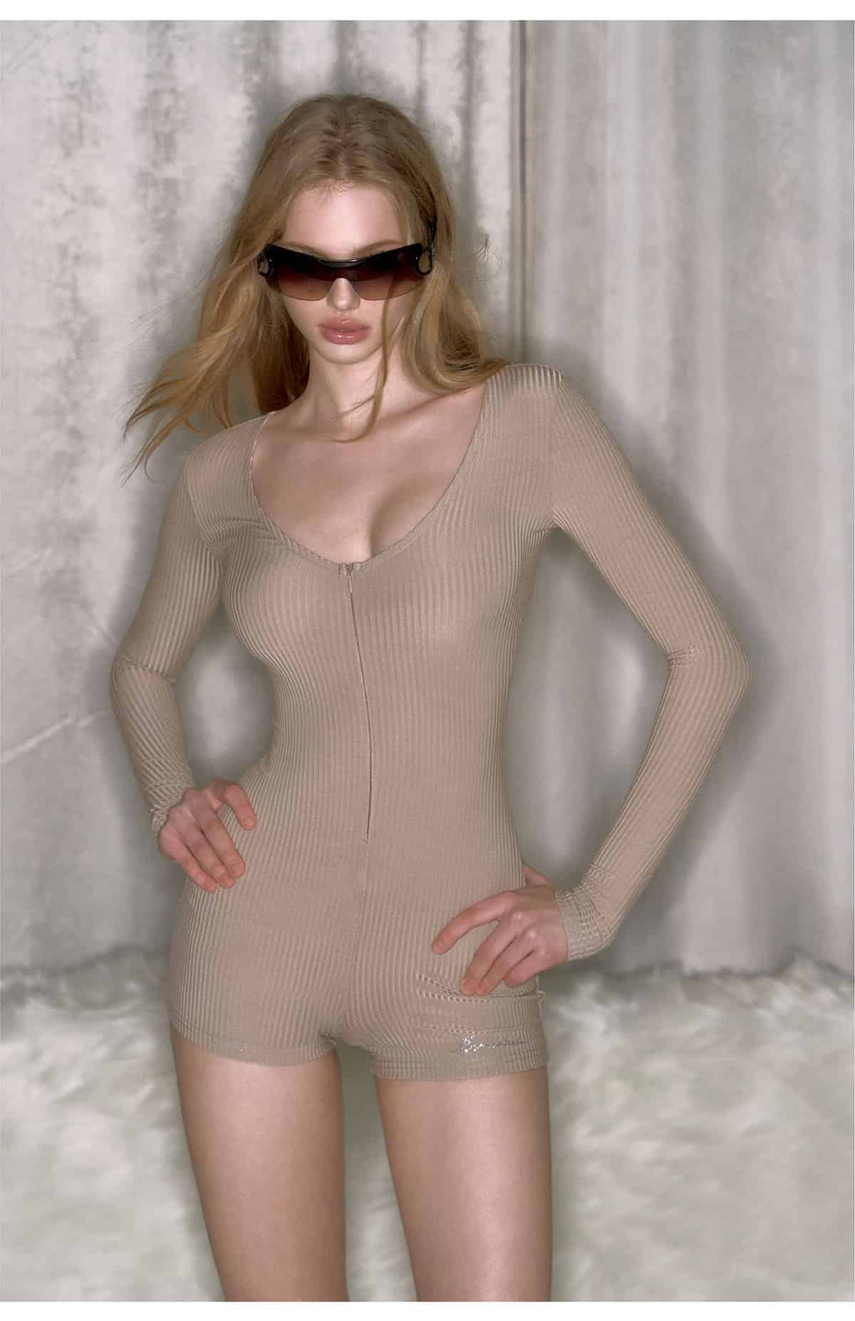 Pink/Grey/Khaki Ribbed Knit Round Neck Long Sleeve Rhinestone Bodysuit Top - EveningVerse - 3