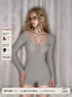 Pink/Grey/Khaki Ribbed Knit Round Neck Long Sleeve Rhinestone Bodysuit Top - EveningVerse - 7