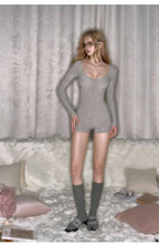 Pink/Grey/Khaki Ribbed Knit Round Neck Long Sleeve Rhinestone Bodysuit Top - EveningVerse - 6