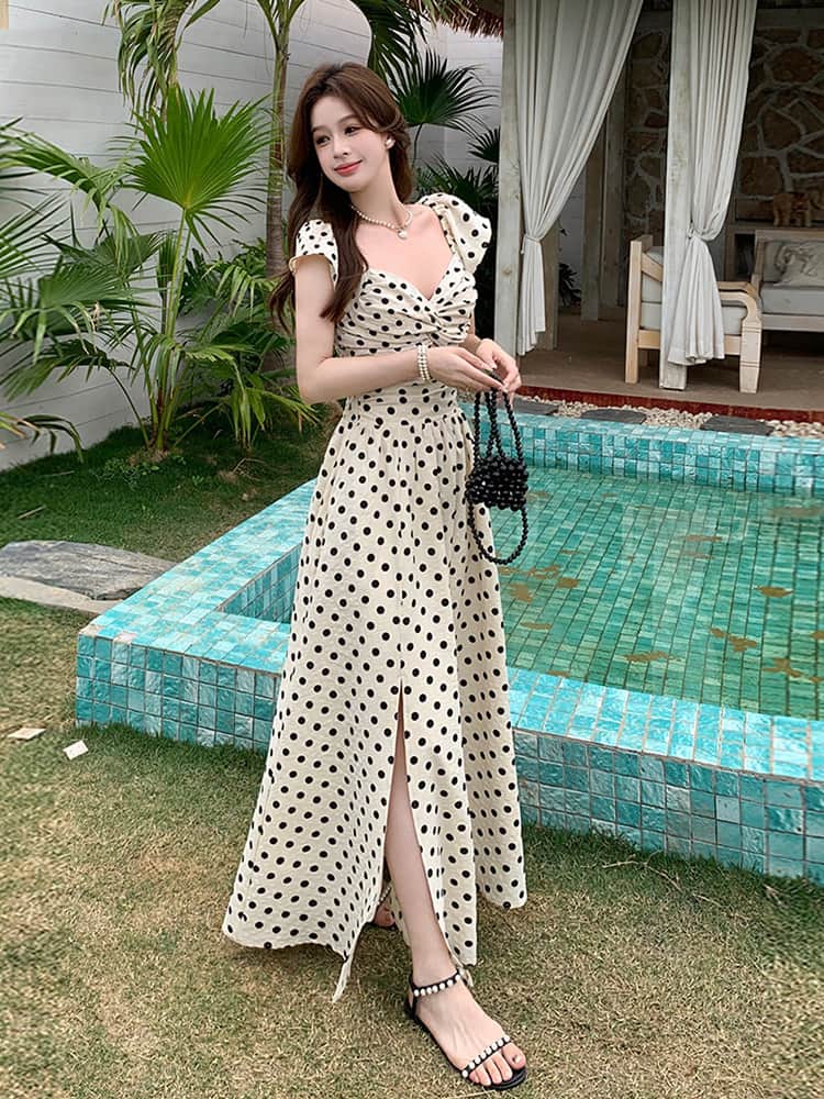 Polka Dot V - Neck Twisted Bust Flutter Sleeve Maxi Dress - EveningVerse - 10