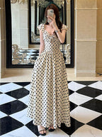 Polka Dot V - Neck Twisted Bust Flutter Sleeve Maxi Dress - EveningVerse - 11