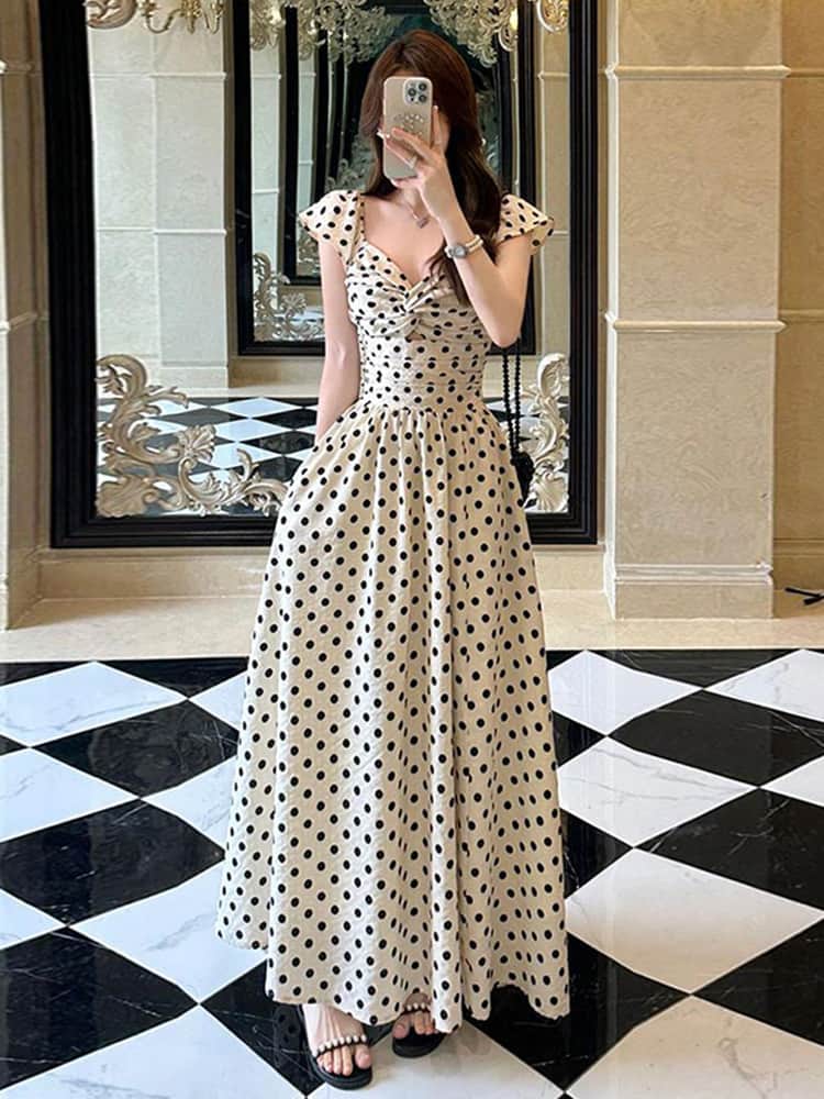 Polka Dot V - Neck Twisted Bust Flutter Sleeve Maxi Dress - EveningVerse - 11